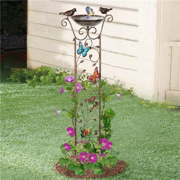 Bird Bath with Trellis Outdoor,Antique Garden Iron Plant Trellis with Decorative - Picture 6 of 6
